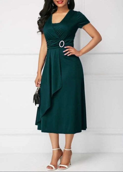 Summer Dresses Elegant Women Solid Color Short Sleeve V Neck