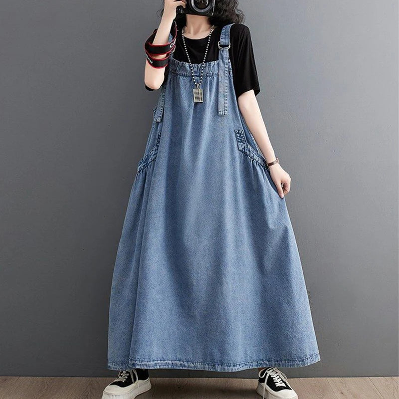 Summer Autumn Loose Casual Fashion Denim Slip Dress Ladies Sleeveless Harajuku Y2K All-match Pocket A-line Robe Women Vestidos