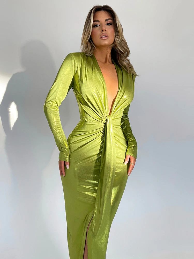 Articat Sexy Deep V Long Sleeve Lace Up Pleated Dress For Women