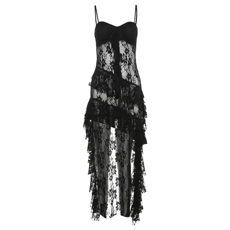 Women Dress Sexy Patchwork Mesh Strapless Irregular Waist Ruffled