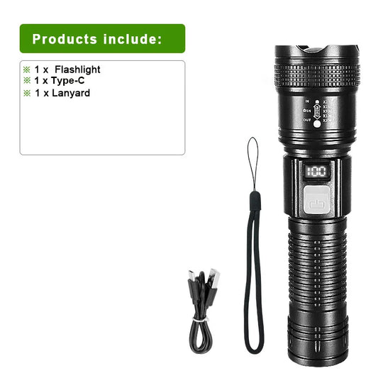 2000000LM Ultra-High Power Flashlight Digital Electronic Display Waterproof Torch Zoom Hand Light Outdoor Camping Lantern