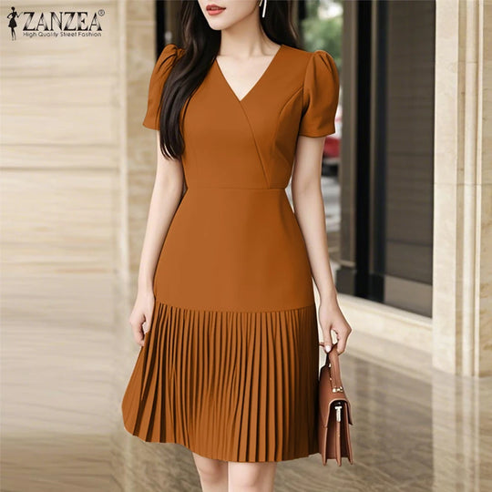 Elegant Pleated Dresses Women Summer Dress V Neck Puff Sleeve Party Vestidos Stylish Solid OL Work Sundress