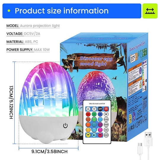 Dynamic Rotating Dinosaur Egg Mood Night Light, 13 Color Changing, USB Rechargeable Projector Lamp with Touch & Remote for Room