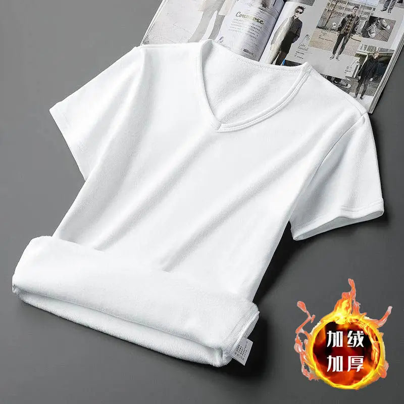 Plus Velvet Thickening short Sleeve Men T-Shirt V-neck Soft Warm