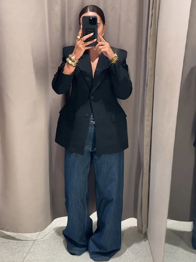 Elegant Shoulder Pad Slim Suit Jackets Women Solid Lapel Long Sleeved