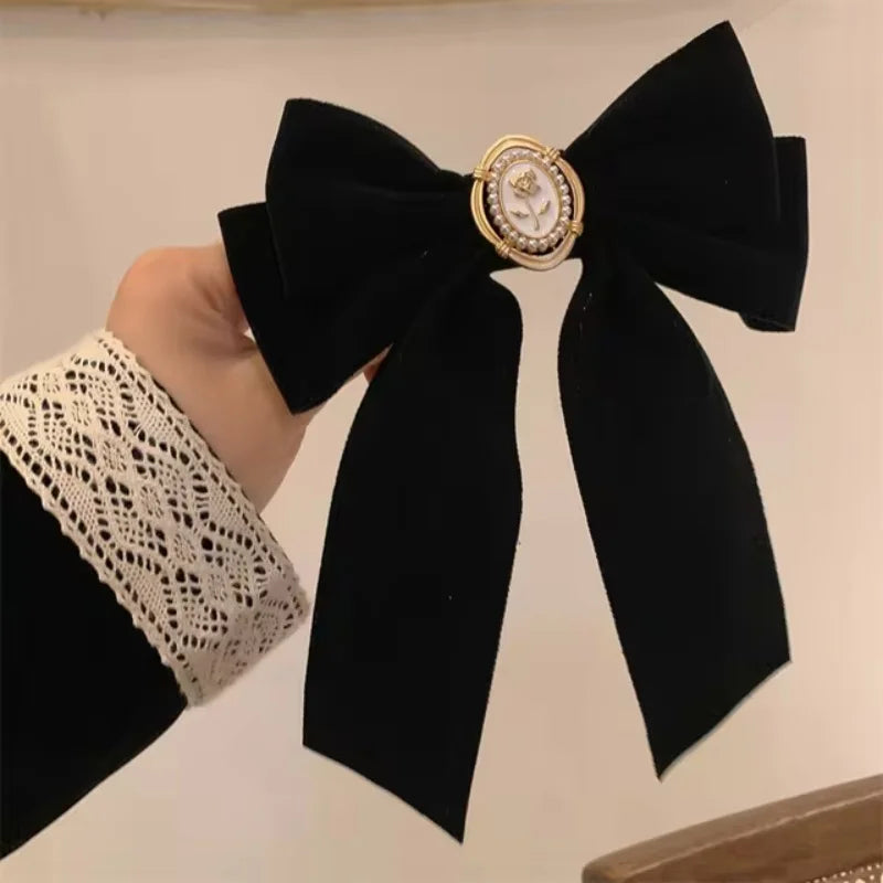 New Black Velvet Bow Hair Pins Elegant Fabric Alloy Roses Hair Clips