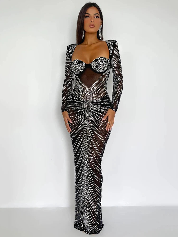Mozision Glitter Mesh See Through Party Maxi Dress For Women Fashion
