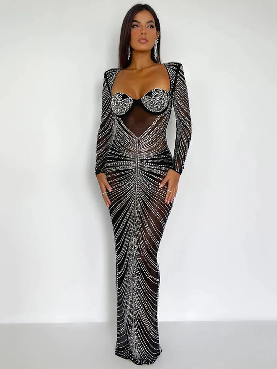 Mozision Glitter Mesh See Through Party Maxi Dress For Women Fashion