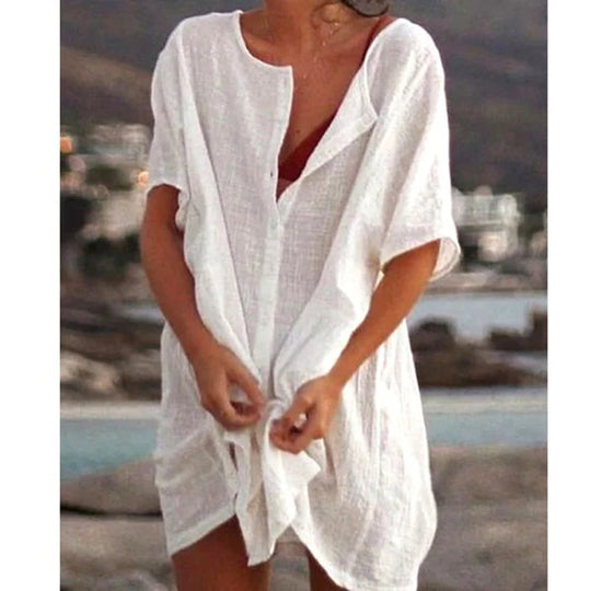 Cotton Women's Vintage Sexy Dress White Oversize Casual Beach Mini