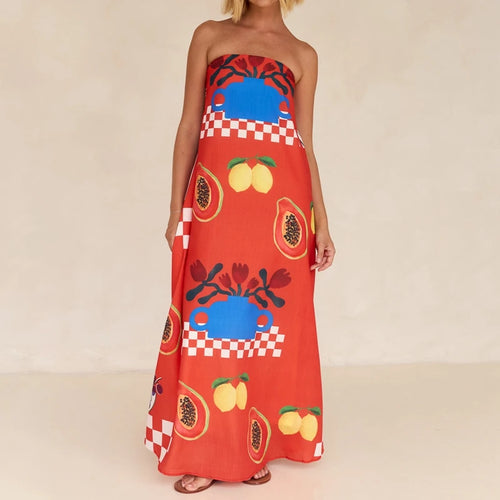 Beach Holiday Strapless Maxi Tube Dress Vintage Fruit Print Backless