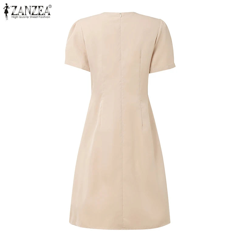 Elegant Pleated Dresses Women Summer Dress V Neck Puff Sleeve Party Vestidos Stylish Solid OL Work Sundress
