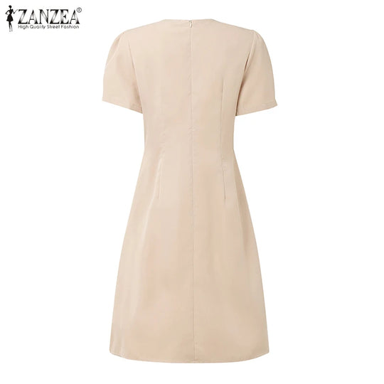 Elegant Pleated Dresses Women Summer Dress V Neck Puff Sleeve Party Vestidos Stylish Solid OL Work Sundress