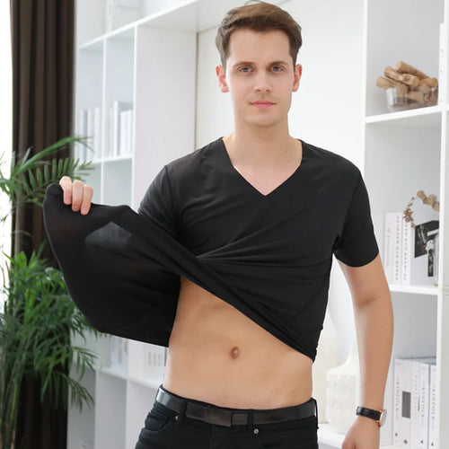Summer Men's Ice Silk Vest Short Sleeves T Shirts V-Neck Tank Top Male