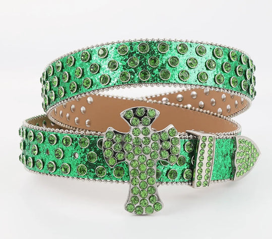 Glittering Rhinestone Belts Y2K Crystal Studded Belts For Men & Women Inspired Ice Belt BB With Cross Big Buckle