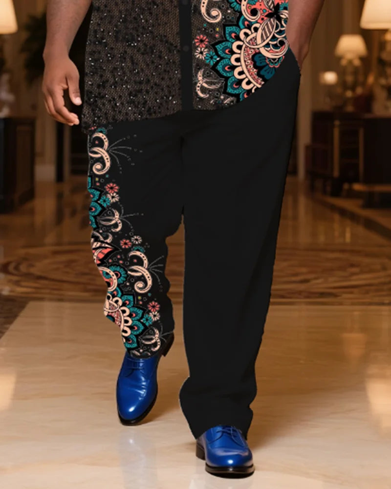S-9XL Men's Large Size Sequined Floral Print Short Sleeve Shirt and Long Pants Two-Piece Set