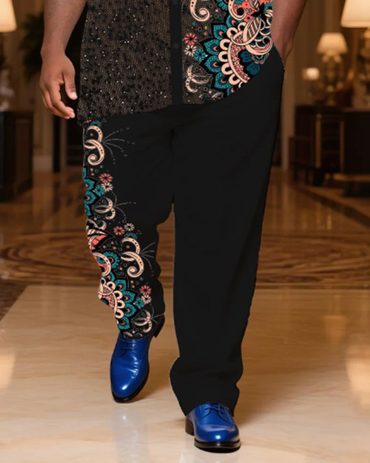 S-9XL Men's Large Size Sequined Floral Print Short Sleeve Shirt and Long Pants Two-Piece Set