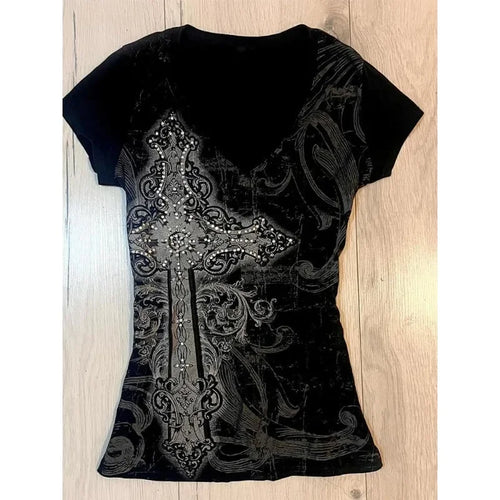 Black Vintage Gothic T-shirts Women Y2k Black Punk Graphic Hoodie