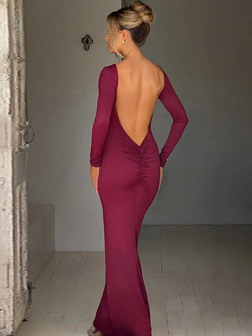 Hugcitar Spring Elegant Long Sleeve Backless Solid Cuched Sexy Bodycon