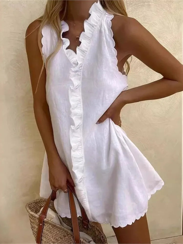 New Women Casual Cotton And Linen White Dress Summer V Neck Ruffles