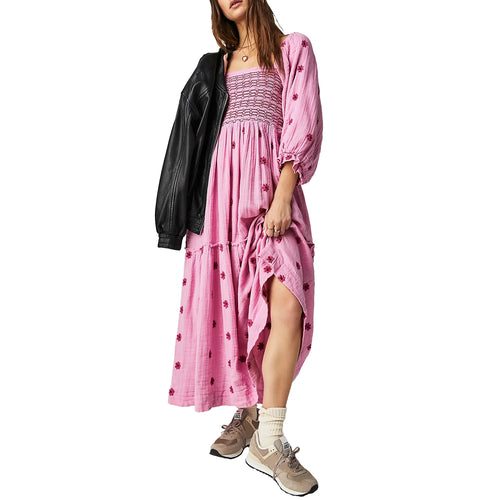 Women's Flower Embroidered Long Dress Bodycon Lantern Sleeve Square