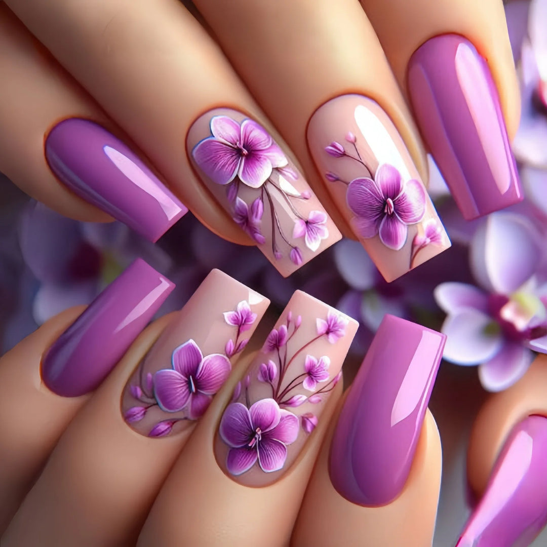 Purple Flower Press on Nails 24Pcs Almond/Coffin Wearable Fake Nails Flower Printed Woman DIY Manicure Acrylic False Nails Tips
