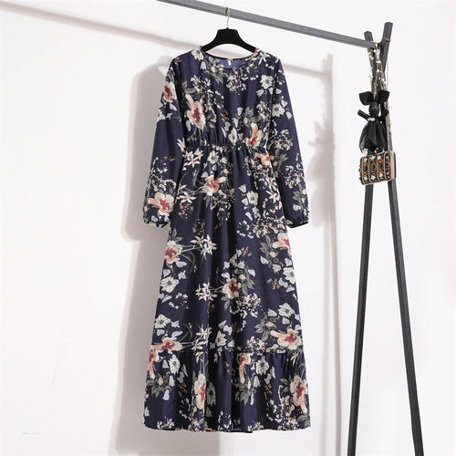 Spring Summer Women Maxi Dresses Casual Full Sleeve Floral Printed