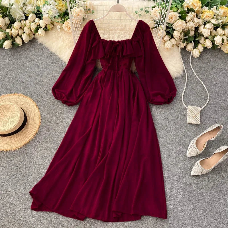 Woherb Chic Elegant Square Collar Maxi Dress Women Solid Chiffon Puff