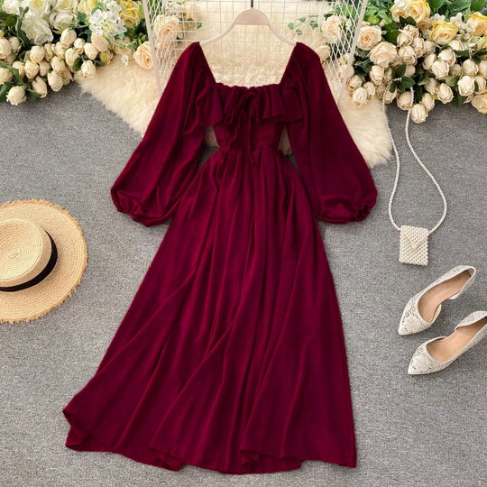 Woherb Chic Elegant Square Collar Maxi Dress Women Solid Chiffon Puff