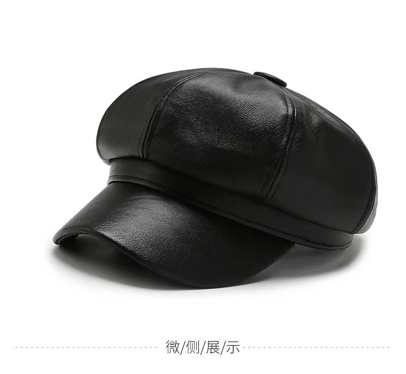 Women Men PU Leather Berets Hat Retro British Solid Beret Baseball Cap Outdoor Sun Hat Winter Warm Octagonal Hats Newsboy Caps