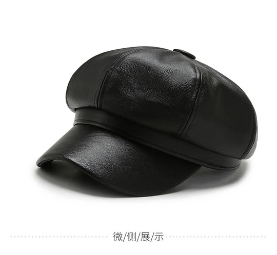 Women Men PU Leather Berets Hat Retro British Solid Beret Baseball Cap Outdoor Sun Hat Winter Warm Octagonal Hats Newsboy Caps