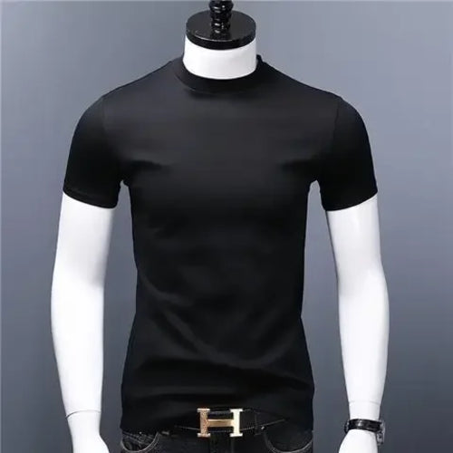 Men's Casual Turtleneck T-Shirts Short Sleeve Solid Slim Fit Silk High