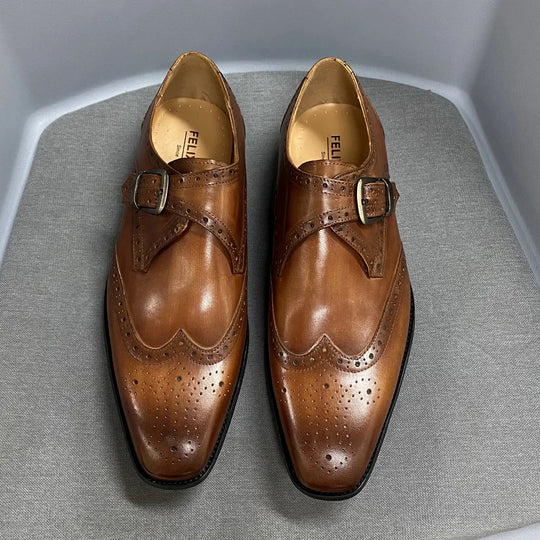 Men's Luxury Genuine Leather Wingtip Oxfords Italian Monk Strap Buckle Brogue Dress Shoes for Business Wedding Formal Wear