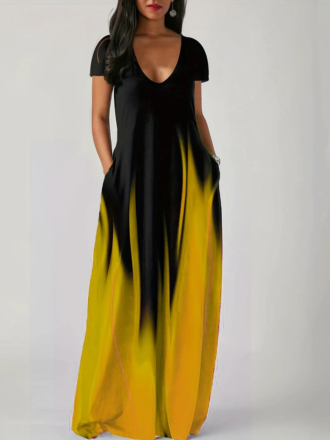 New Summer Loose Print Casual Women's Dress Pocket Long Dress