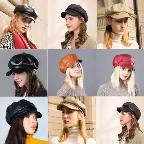 Women Men PU Leather Berets Hat Retro British Solid Beret Baseball Cap Outdoor Sun Hat Winter Warm Octagonal Hats Newsboy Caps