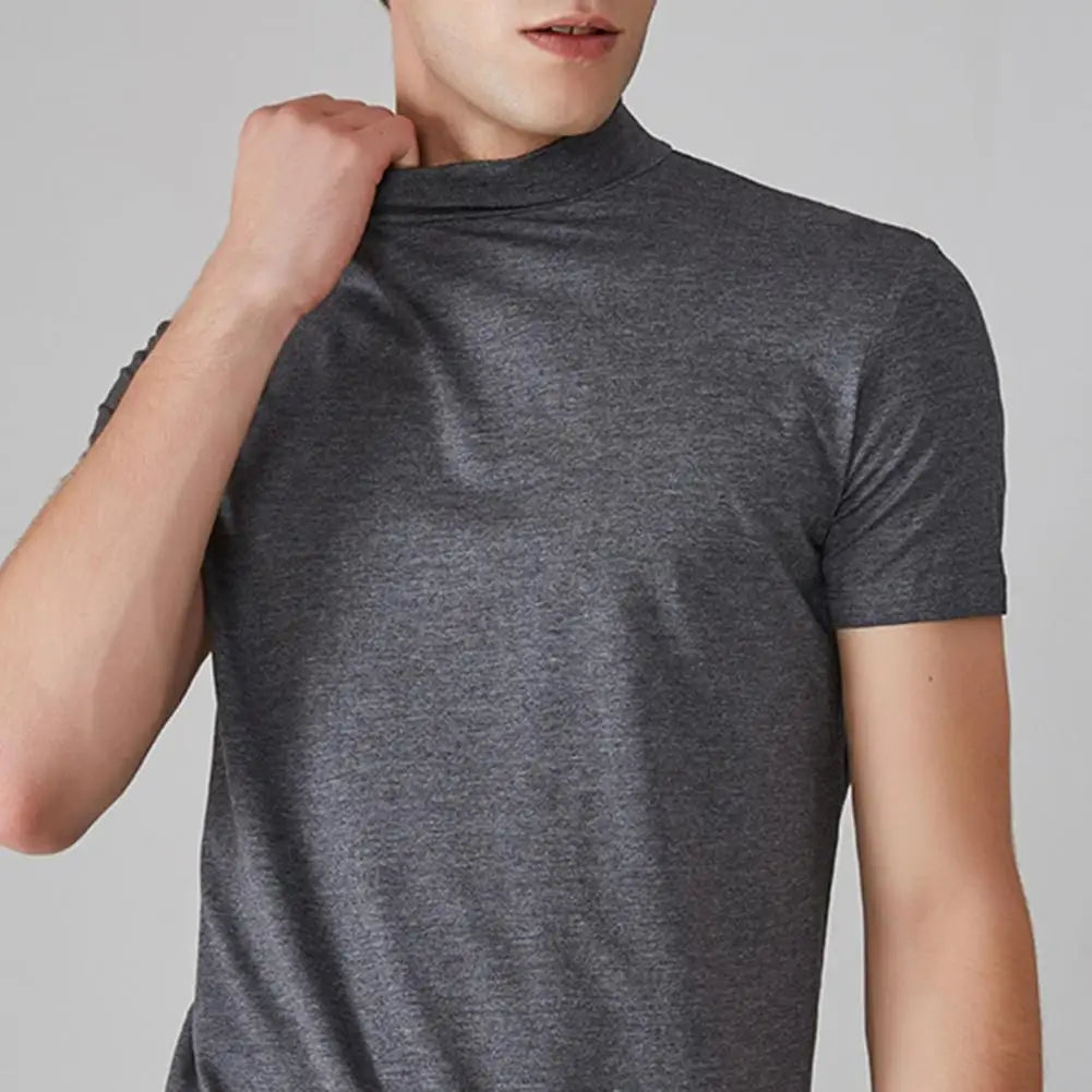 Men Half High Collar Slim Fit T-shirt Summer Casual Short Sleeve Solid