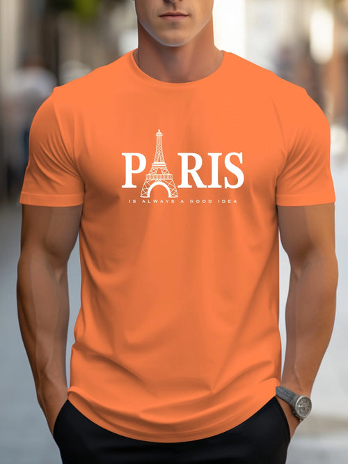 Summer Men's T Shirt Short Sleeve Paris Pattern Print Casual O-Neck