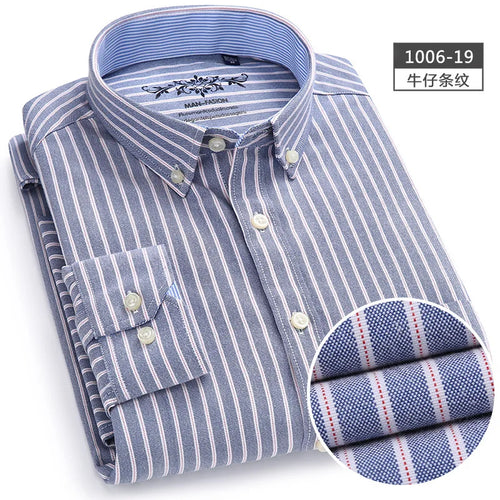 New Men's Long Sleeve Oxford PlaidStriped Casual Shirt Front Patch