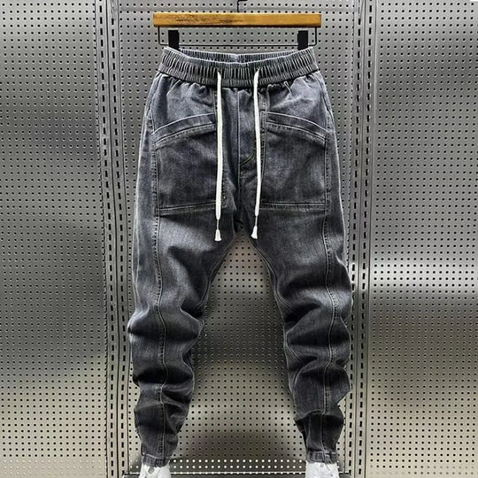 Elastic Waist Jeans Men's Elastic Drawstring Waist Denim Cargo Pants