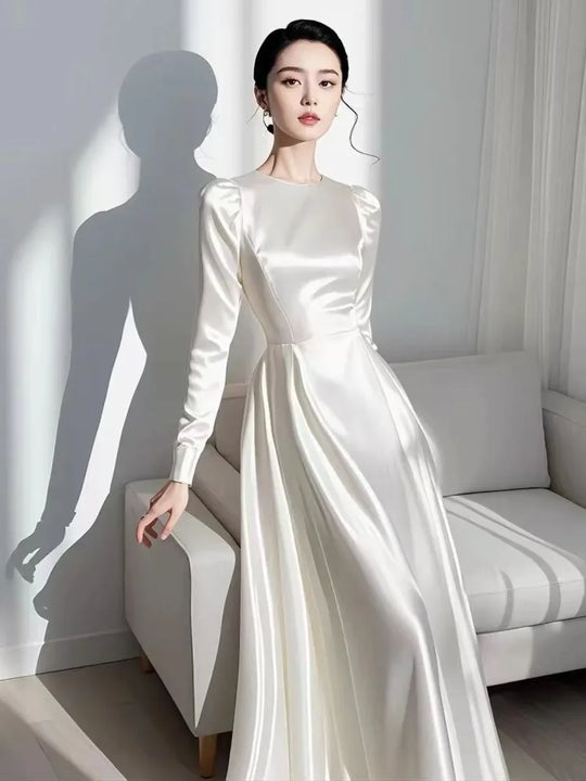 2024 Autumn Elegant Satin Women's Long Sleeve Dress Round Neck White
