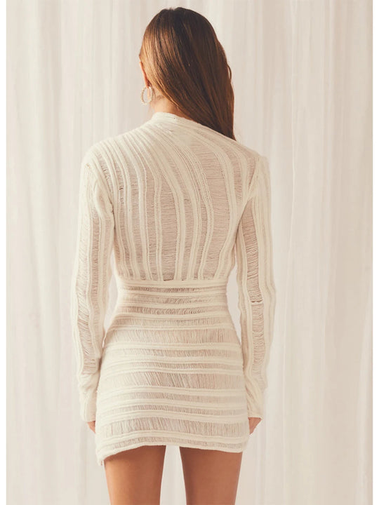 New Female Short Dress Patchwork Round Neck Long Sleeve Close-Fitting