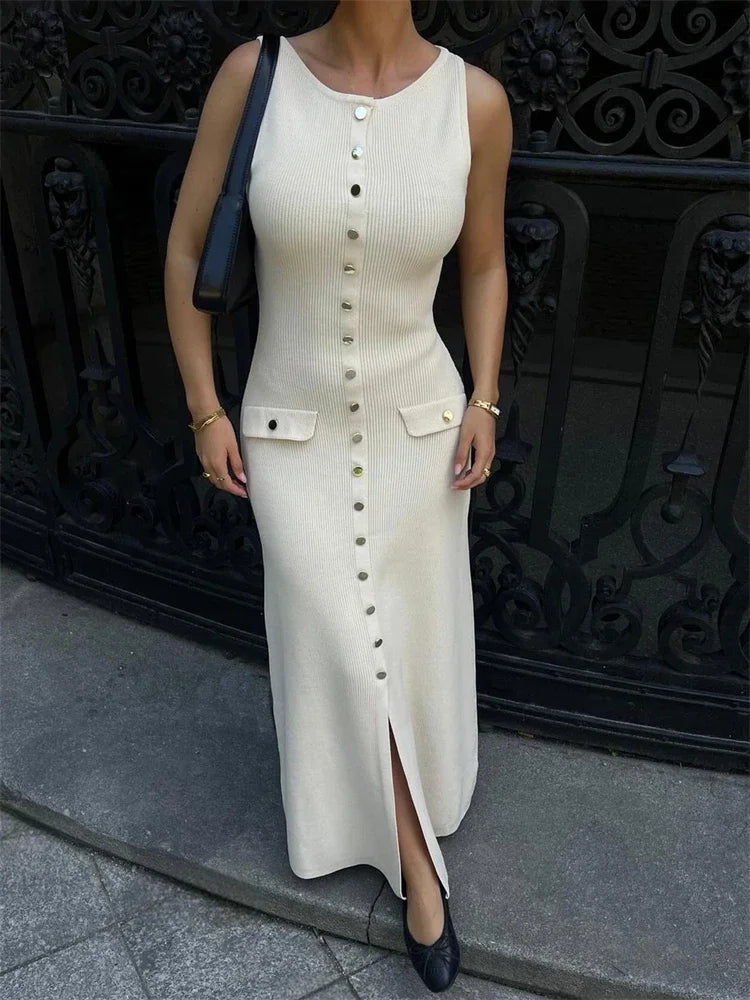 Knit Ribbed Cardigan Maxi Dress Female High Waist Slim Pocket