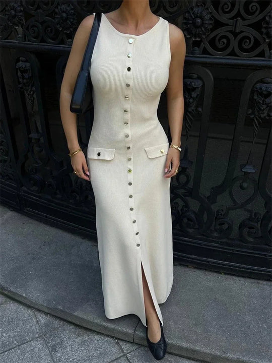 Knit Ribbed Cardigan Maxi Dress Female High Waist Slim Pocket