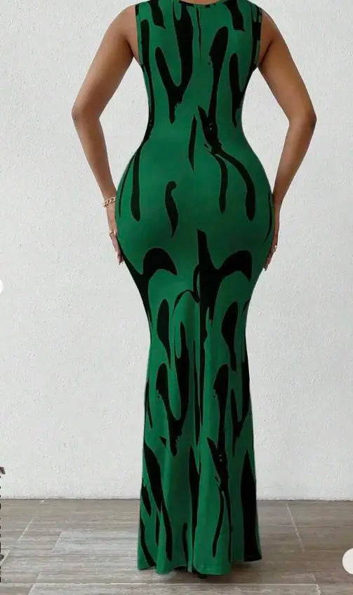 Women Print Dress Sleeveless Splice Slim Fit Long Dresses Midi Waist