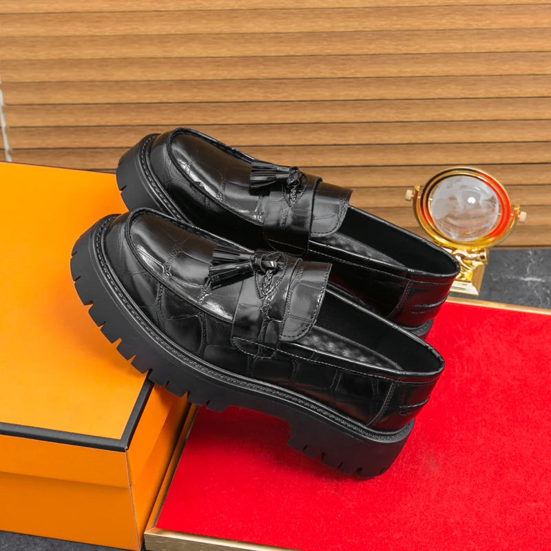 Business Tassel Loafers Shoes Slip on Casual Thick Bottom Leather Black Dress Party Shoes Boat Loafers For Man Fashion Moccasins