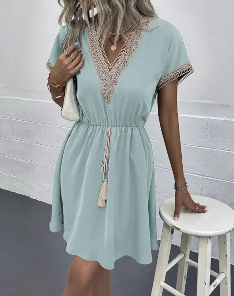 Elegant Women's White Dresses 2023 Summer Solid Short Sleeve Lace