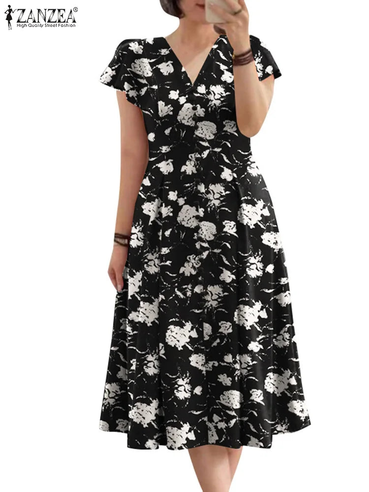ZANZEA Ruffle Sleeve V Neck Party Sundress Casual Women 2024 Summer