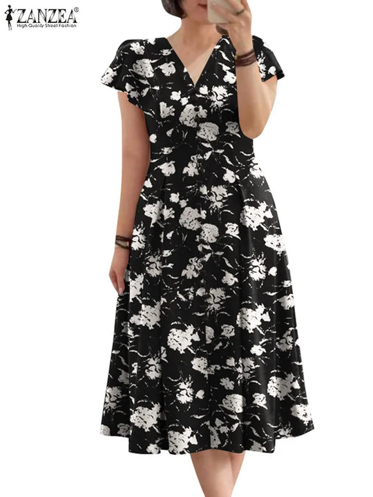 ZANZEA Ruffle Sleeve V Neck Party Sundress Casual Women 2024 Summer