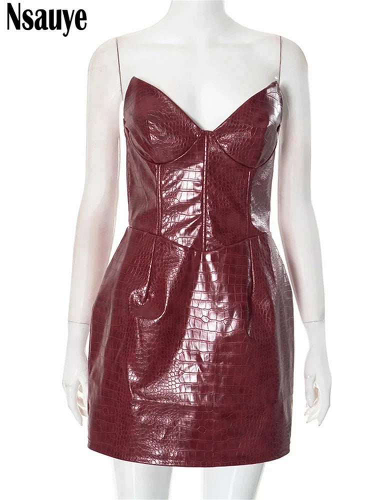 Nsauye New Elegant Sexy Fashion Leather Strapless Women Dress Night