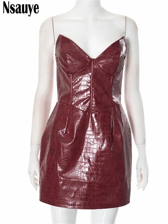 Nsauye New Elegant Sexy Fashion Leather Strapless Women Dress Night