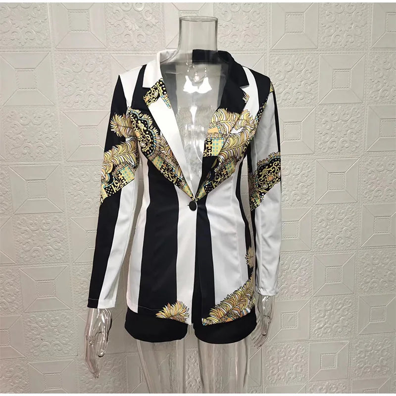 Fashion Turn-down Collar Printed Top Pants Set Women Elegant Full Sleeve Top Short Pants Suit Lady Summer Chic Casual Sets